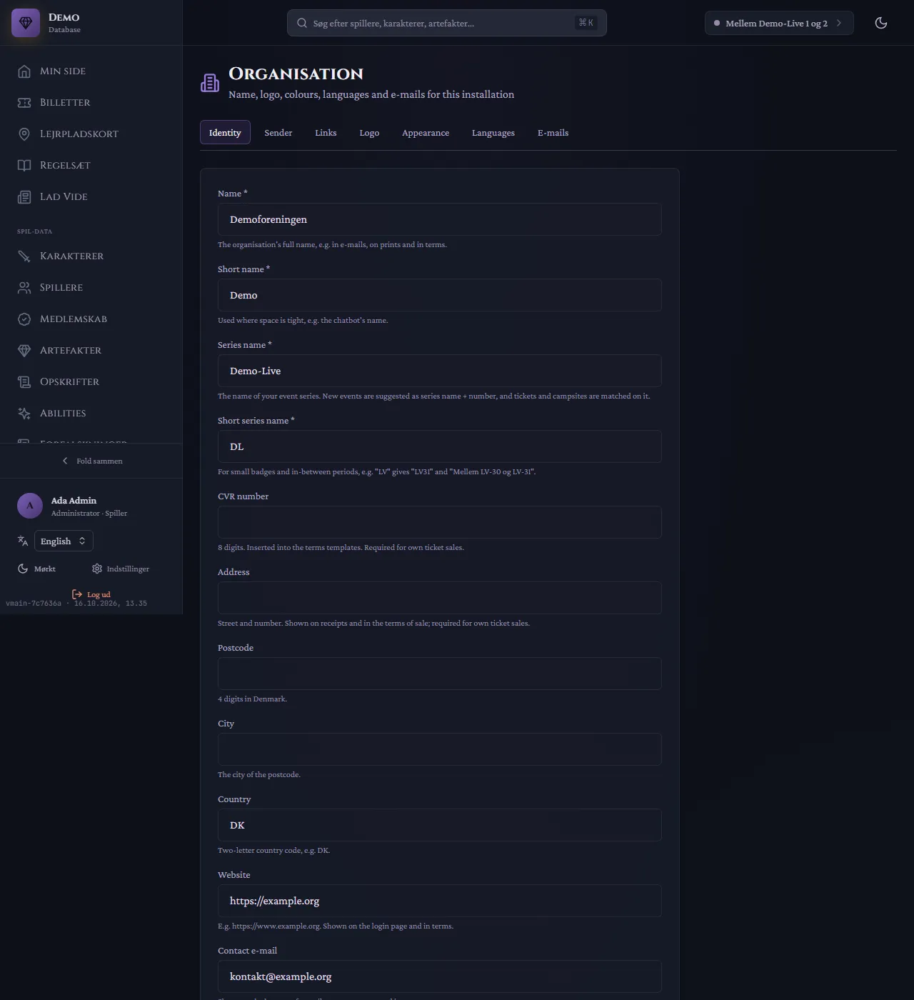 The Organisation page, Identity tab