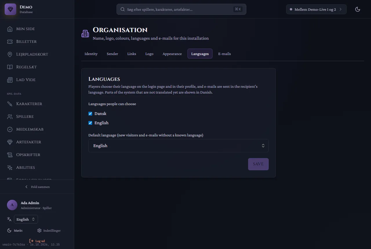 The Languages tab