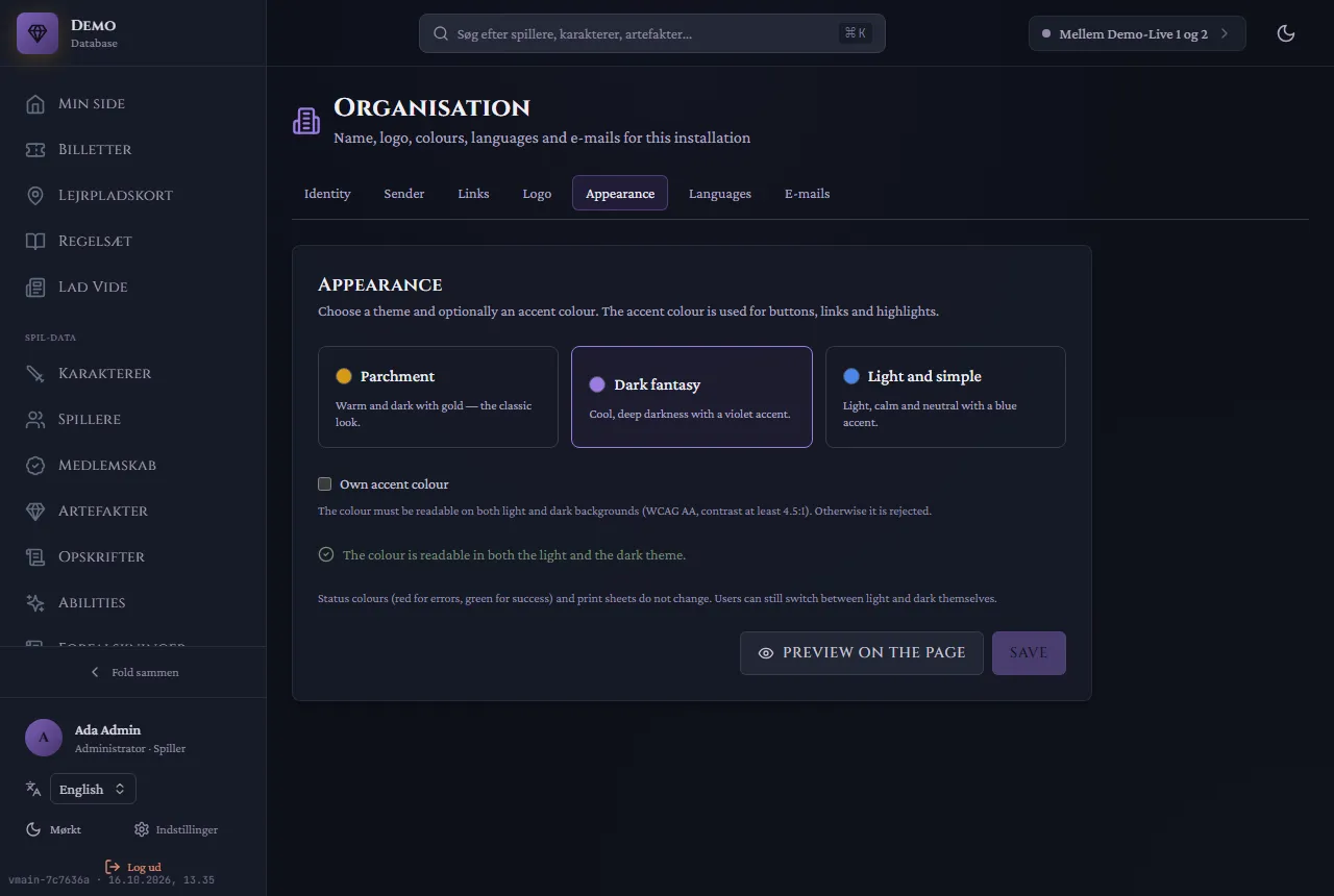 The Appearance tab with the three themes