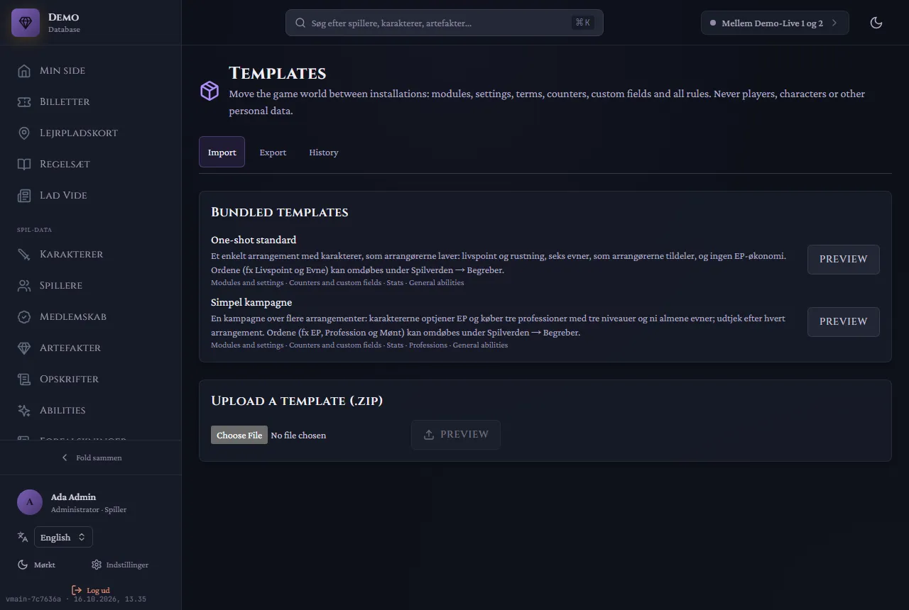 The Templates page with the bundled templates